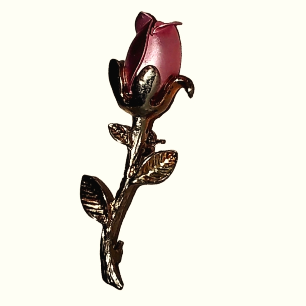 Pink Long Stem Rosebud Brooch Dainty Golden Metallic Leaves & Stem Botanical 2"